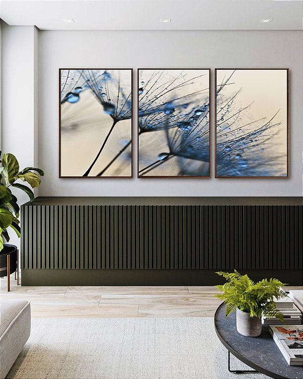 Trio de Quadros Dente de Leão Flor Planta Natureza em Tons de Azul Canvas Com Moldura