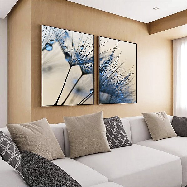 Duo de Quadros Dente de Leão Flor Planta Natureza em Tons de Azul Canvas Com Moldura