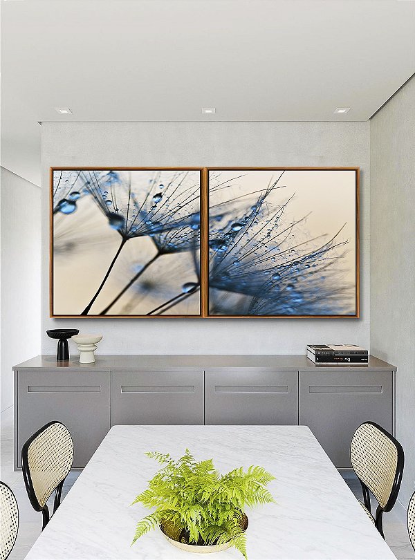 Duo de Quadros Quadrados Dente de Leão Flor Planta Natureza em Tons de Azul Canvas Com Moldura