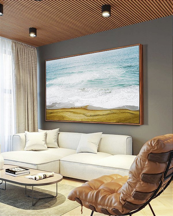 Quadro Horizontal Mar Azul e Ondas na Praia Natureza Canvas com Moldura