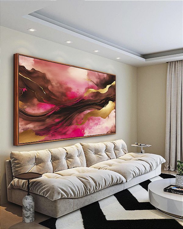 Quadro Horizontal Abstrato Cores Dourado Rosa Marrom Moderno Canvas Com Moldura