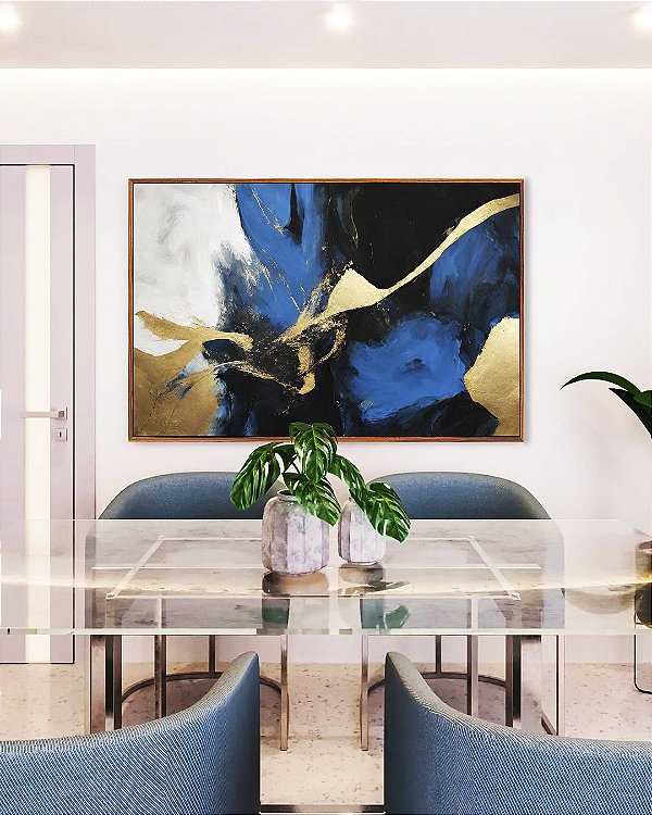Quadro Horizontal Abstrato Cores Azul Dourado Preto e Branco Arte Canvas com Moldura