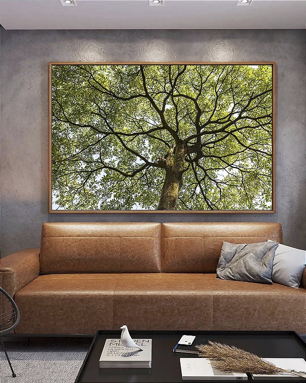 Quadro Horizontal Copa de Árvore Folhas Verdes Tronco Céu Paisagem Canvas Com Moldura