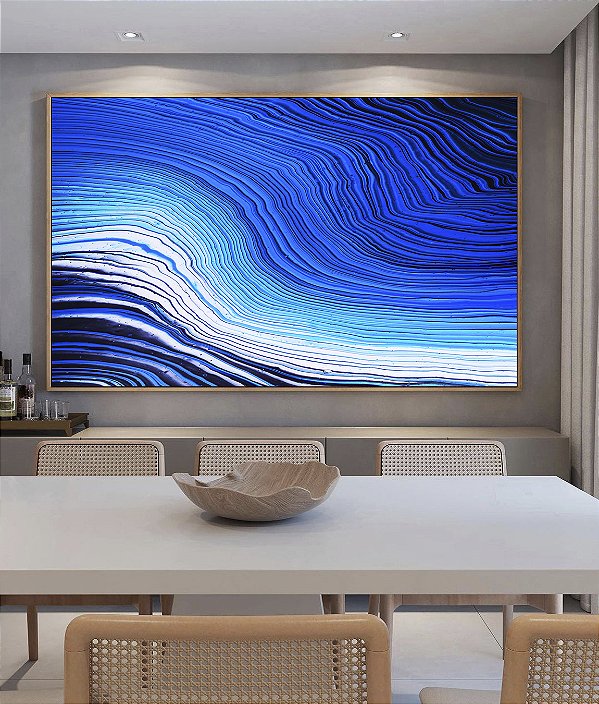 Quadro Horizontal Abstrato Azul Branco Ondas Listras Moderno Canvas Com Moldura
