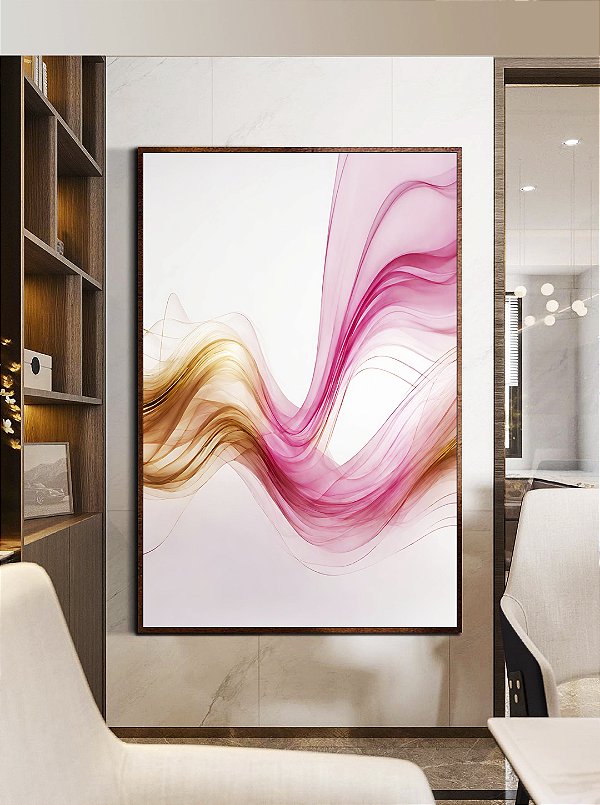 Quadro Vertical Abstrato Rosa Dourado Arte Fluida Ondas Canvas Com Moldura
