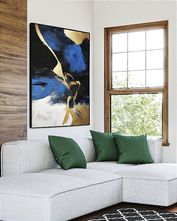 Quadro Vertical Abstrato Cores Azul Dourado Preto e Branco Arte Canvas com Moldura