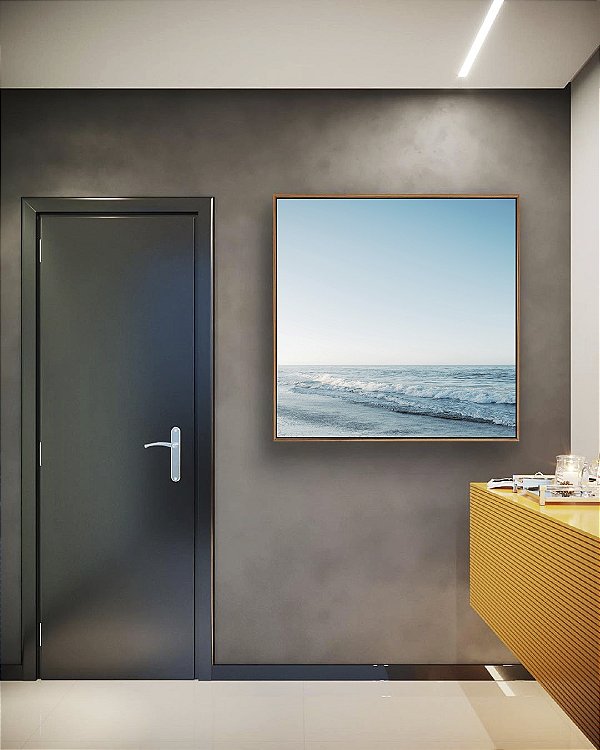 Quadro Quadrado Mar Calmo Ondulado Céu Azul Claro Arte em Canvas com Moldura