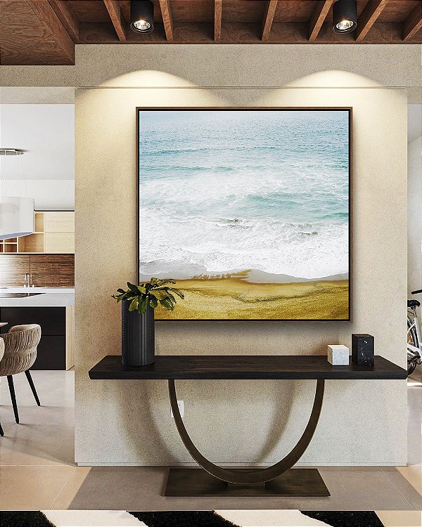 Quadro Quadrado Mar Azul e Ondas na Praia Natureza Canvas com Moldura