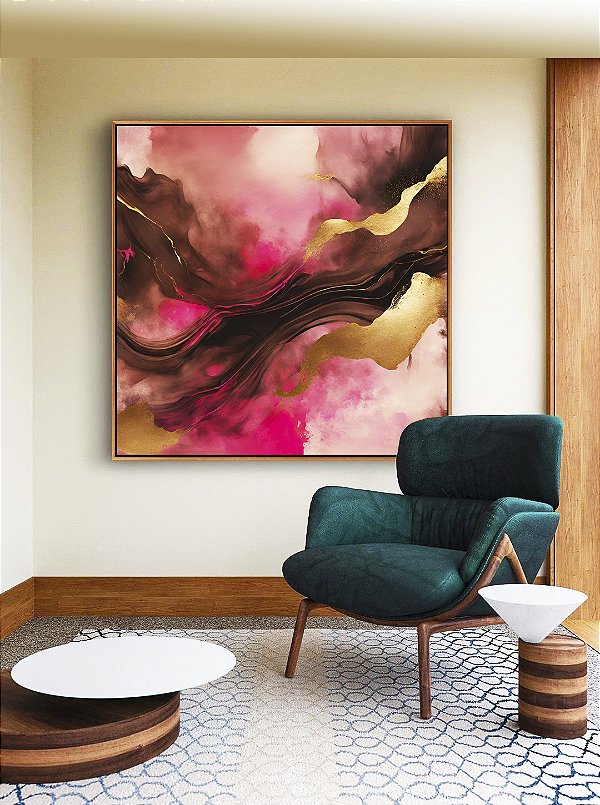 Quadro Quadrado Abstrato Cores Dourado Rosa Marrom Moderno Canvas Com Moldura