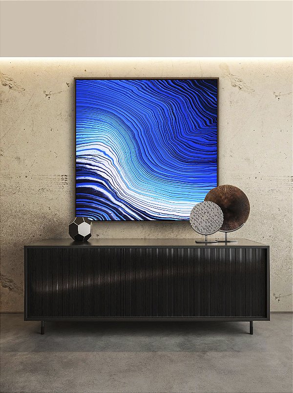 Quadro Quadrado Abstrato Azul Branco Ondas Listras Moderno Canvas Com Moldura