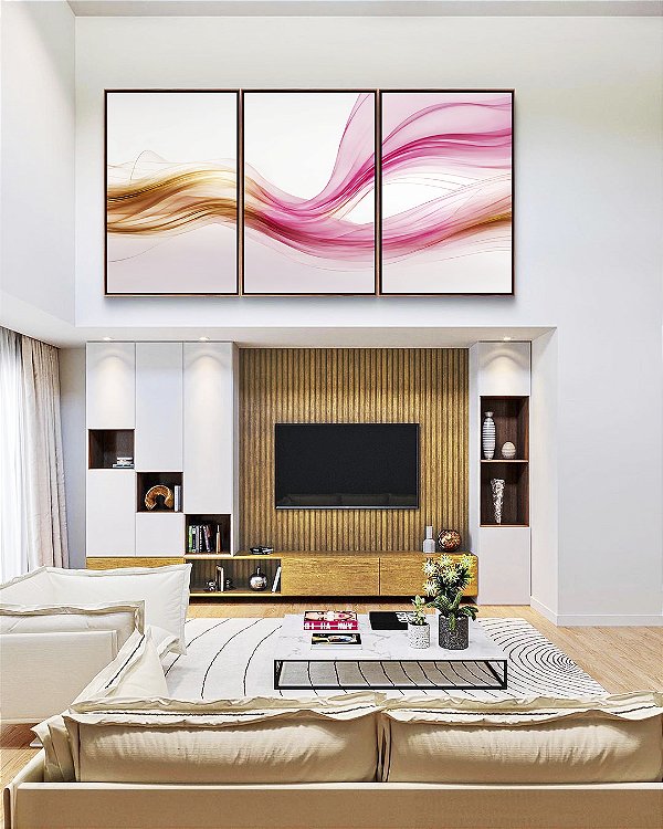 Trio de Quadros Abstrato Rosa Dourado Arte Fluida Ondas Canvas Com Moldura