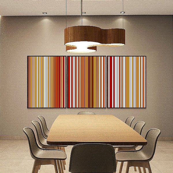 Trio de Quadros Abstrato Laranja Amarelo Branco Degradê Listras Arte em Canvas com Moldura
