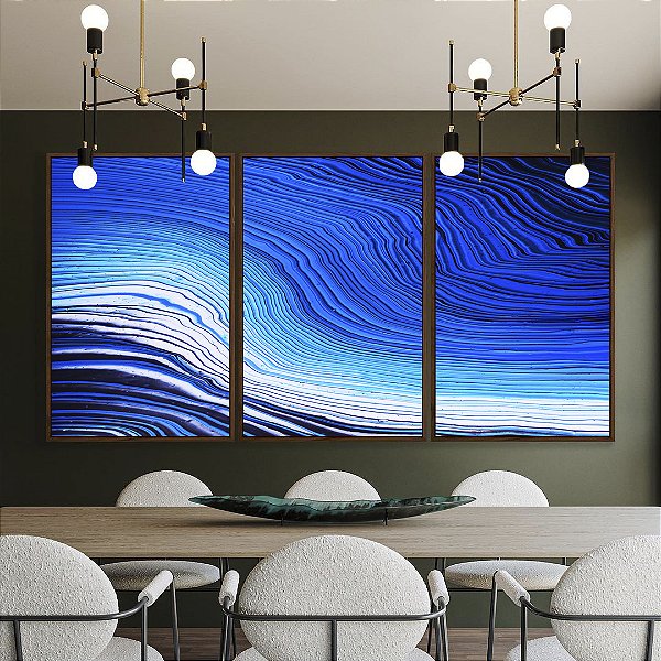Trio de Quadros Abstrato Azul Branco Ondas Listras Moderno Canvas Com Moldura