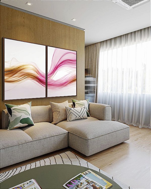 Duo de Quadros Abstrato Rosa Dourado Arte Fluida Ondas Canvas Com Moldura