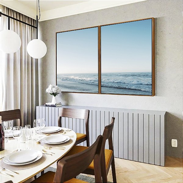 Duo de Quadros Mar Calmo Ondulado Céu Azul Claro Arte em Canvas com Moldura