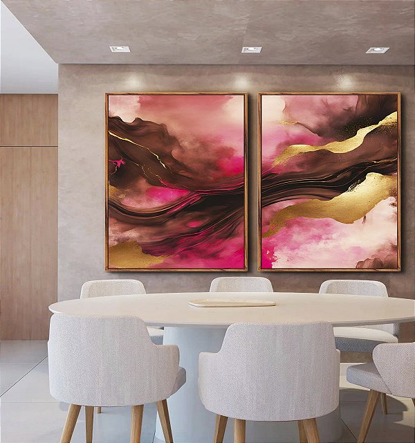 Duo de Quadros Abstrato Cores Dourado Rosa Marrom Moderno Canvas Com Moldura