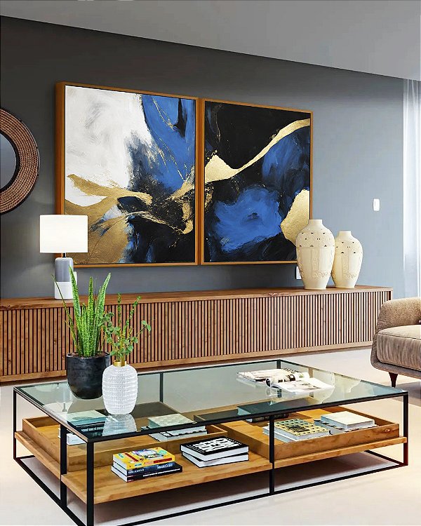 Duo de Quadros Abstrato Cores Azul Dourado Preto e Branco Arte Canvas com Moldura