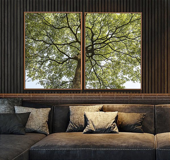 Duo de Quadros Copa de Árvore Folhas Verdes Tronco Céu Paisagem Canvas Com Moldura