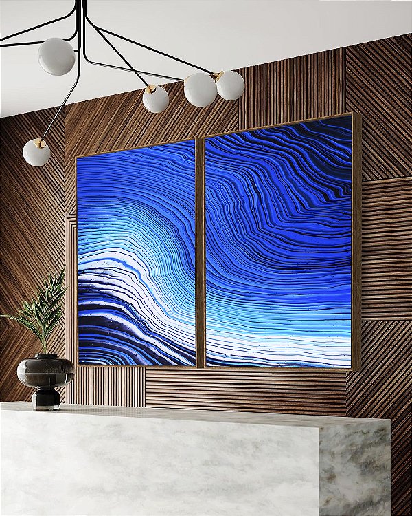Duo de Quadros Abstrato Azul Branco Ondas Listras Moderno Canvas Com Moldura
