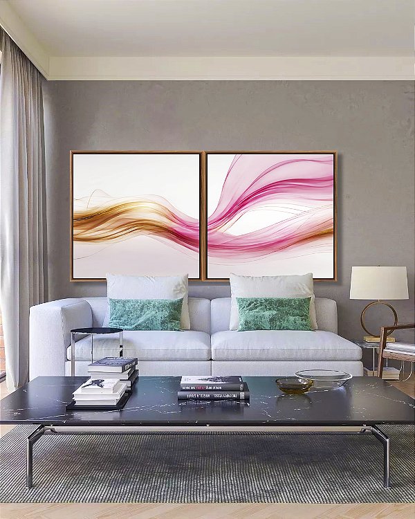 Duo de Quadros Quadrados Abstrato Rosa Dourado Arte Fluida Ondas Canvas Com Moldura