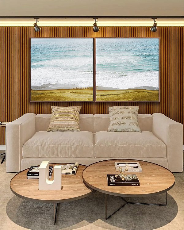 Duo de Quadros Quadrados Mar Azul e Ondas na Praia Natureza Canvas com Moldura