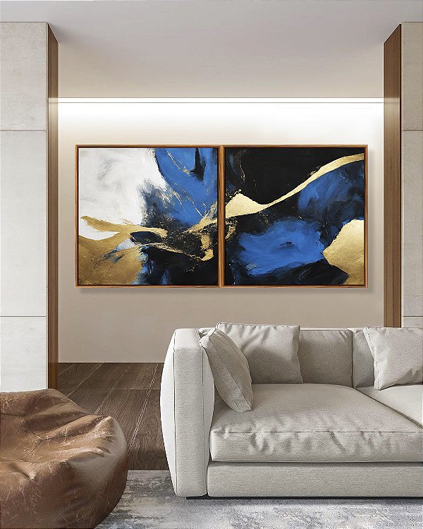 Duo de Quadros Quadrados Abstrato Cores Azul Dourado Preto e Branco Arte Canvas com Moldura