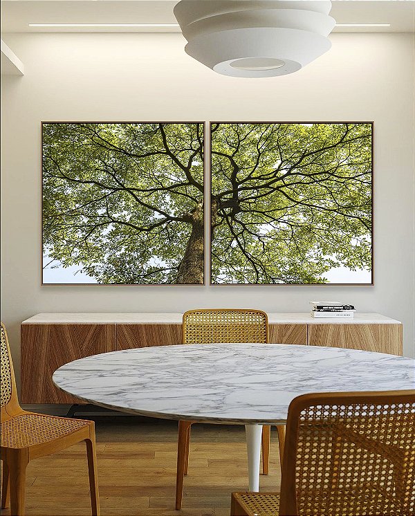 Duo de Quadros Quadrados Copa de Árvore Folhas Verdes Tronco Céu Paisagem Canvas Com Moldura