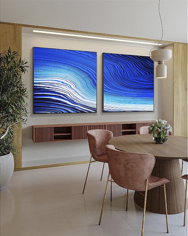 Duo de Quadros Quadrados Abstrato Azul Branco Ondas Listras Moderno Canvas Com Moldura