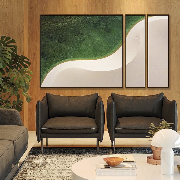 Trio de Quadros Estilizados Mar Turquesa Dunas de Areia Branca Praia Natureza Canvas com Moldura