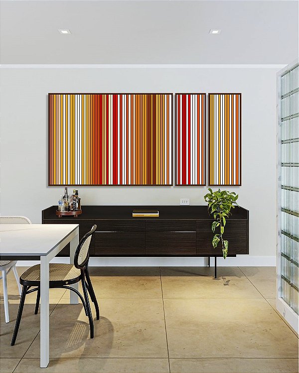 Trio de Quadros Estilizados Abstrato Laranja Amarelo Branco Degradê Listras Arte em Canvas com Moldura