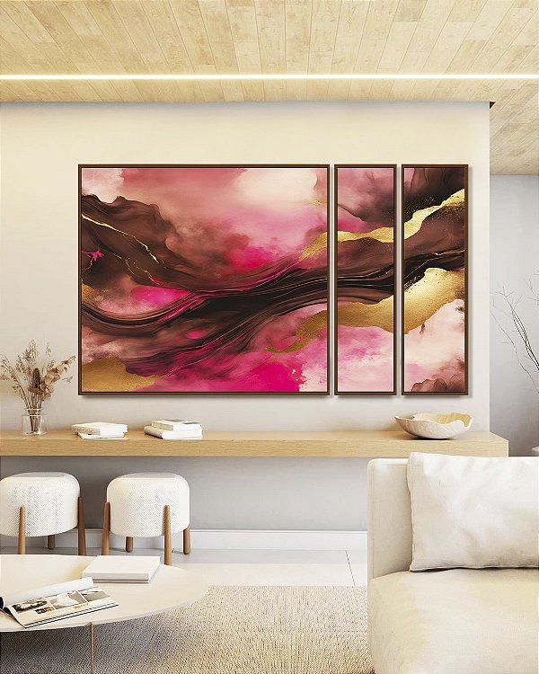 Trio de Quadros Estilizados Abstrato Cores Dourado Rosa Marrom Moderno Canvas Com Moldura