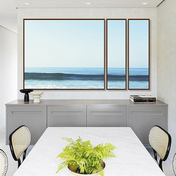 Trio de Quadros Estilizados Céu Claro Limpo e Mar Azul Calmo Natureza Canvas com Moldura