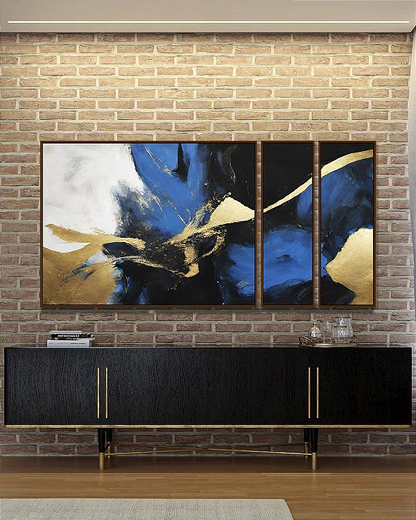 Trio de Quadros Estilizados Abstrato Cores Azul Dourado Preto e Branco Arte Canvas com Moldura