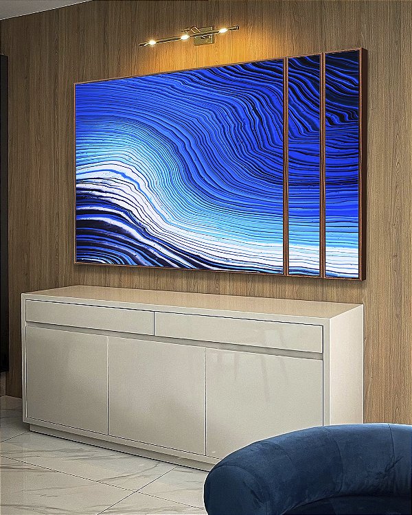 Trio de Quadros Estilizados Abstrato Azul Branco Ondas Listras Moderno Canvas Com Moldura