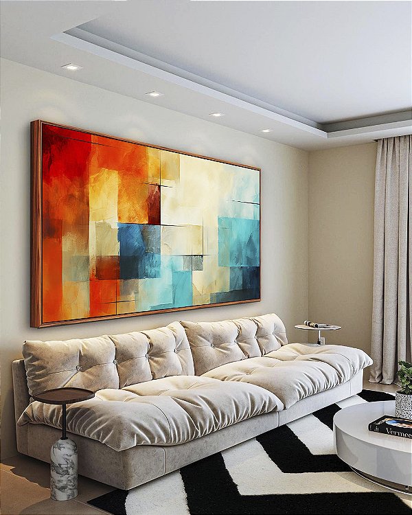 Quadro Horizontal Abstrato Mosaico Geométrico Pintura Azul Turquesa Laranja Vermelho Canvas Moldura