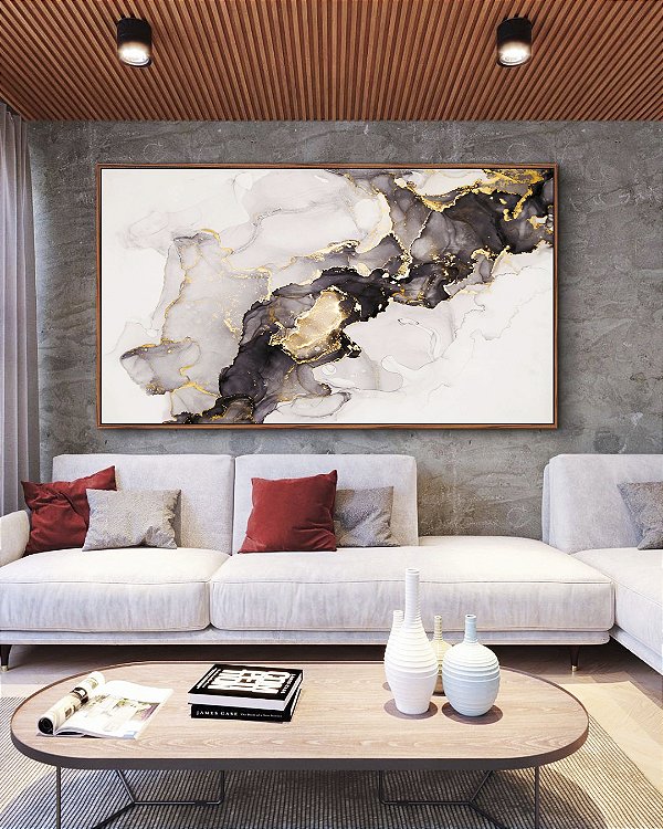 Quadro Horizontal Abstrato Cinza Dourado Arte Fluida Canvas Moldura