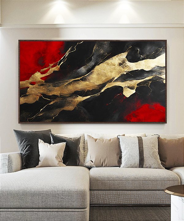 Quadro Horizontal Arte Vermelho Preto Dourado Efeito Pintura Abstrato Canvas Moldura