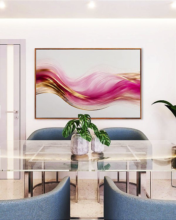 Quadro Horizontal Arte Fluida Rosa Dourado Abstrato Ondas Canvas Com Moldura