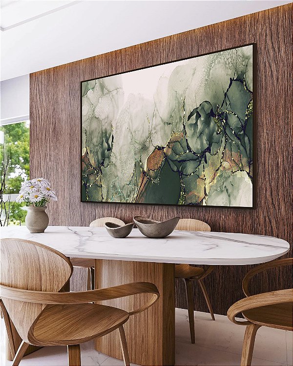 Quadro Horizontal Abstrato Cores Verde Cobre Arte Fluída Canvas Moldura