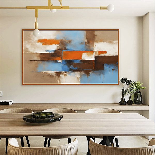 Quadro Horizontal Abstrato Efeito Pintura Cores Marrom Laranja Azul Canvas Moldura
