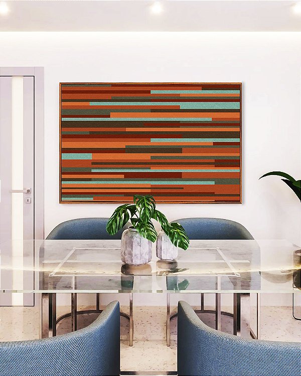 Quadro Horizontal Abstrato Mosaico Listras Laranja Verde Turquesa Arte Canvas Moldura
