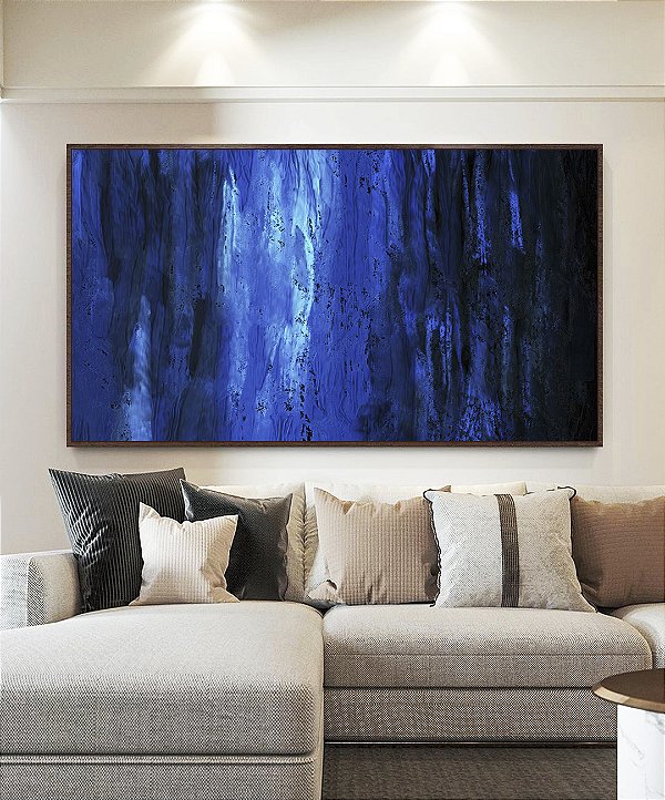 Quadro Horizontal Abstrato tons de Azul Efeito Pintura Arte Canvas Moldura