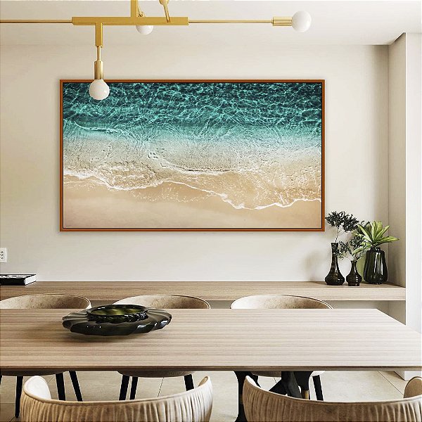Quadro Horizontal Mar de Águas Cor Turquesa e Areia Clara Natureza Canvas Moldura