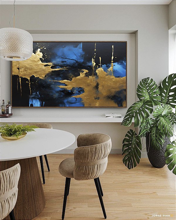 Quadro Horizontal Abstrato Azul Dourado Preto Efeito Pintura Arte Canvas Moldura