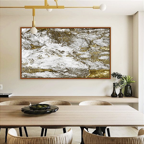 Quadro Horizontal Abstrato Efeito Mármore Dourado Bronze Cinza Arte Canvas Moldura