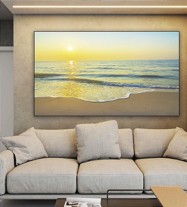 Quadro Horizontal Nascer do Sol na Praia de Mar Calmo Turquesa Arte Canvas Moldura