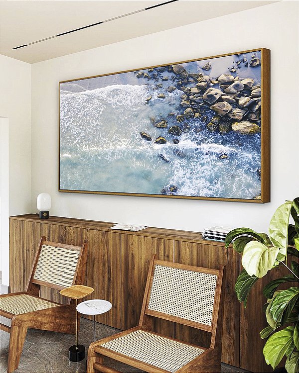 Quadro Horizontal Mar Azul e Praia com Pedras Natureza Arte Canvas Moldura