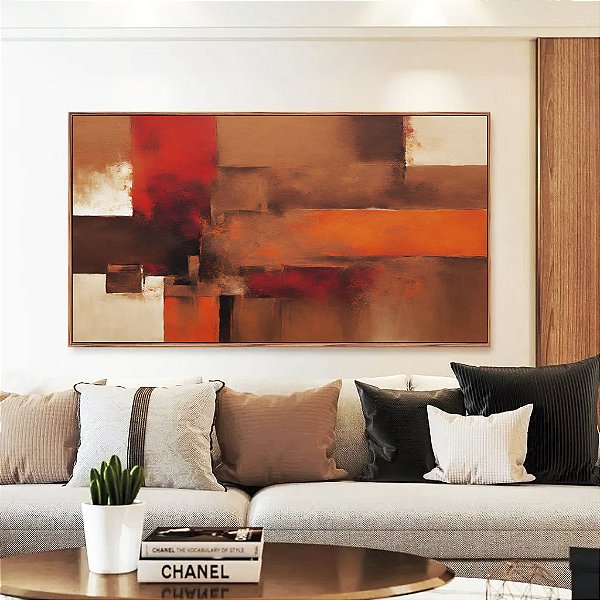 Quadro Horizontal Abstrato Vermelho Laranja Marrom com Efeito Arte Canvas Moldura