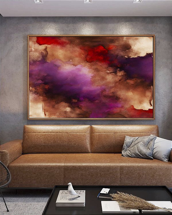 Quadro Horizontal Abstrato Roxo Vermelho Vinho com Efeito Arte Canvas Moldura