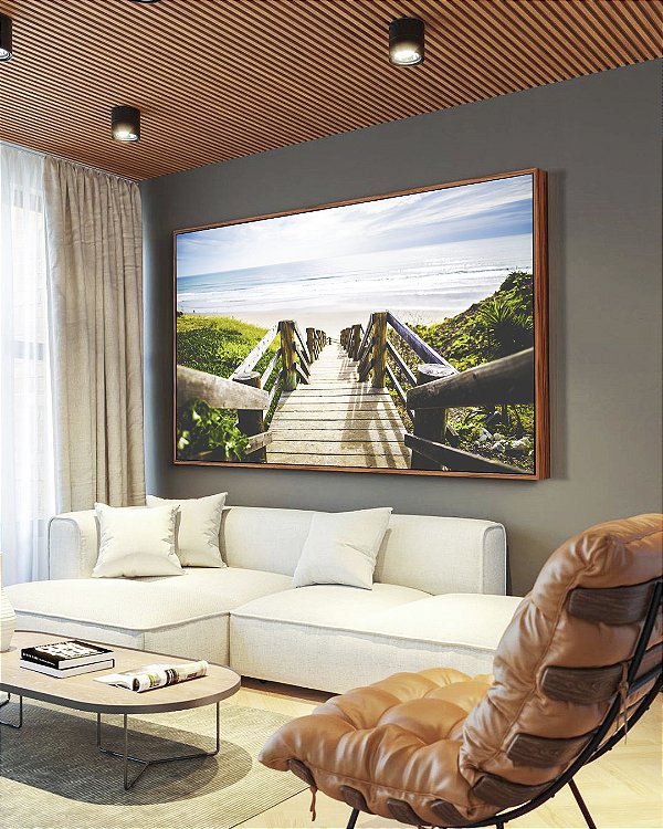 Quadro Horizontal Escada para Praia de Mar Azul Natureza Arte Canvas Moldura
